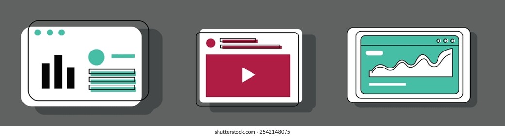 display design interface dashboard graph thin line wavy abstract, column graph, and symbol play video button.
