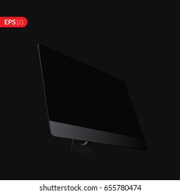 Display, desktop computer, monitor in perspective view vector design. Realistic screen mockup isolated on black background for banner, flyers or advertising.