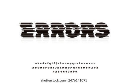 Alfabeto de errores de visualización, letras sans serif distorsionadas digitales, fuente de problemas para el logotipo de techno, titular cinemático, tipografía de efectos gráficos de pérdida de conexión, diseño de juegos, . Vector diseño tipográfico