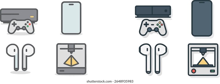 Display features an array of modern gaming and tech icons including gaming consoles, controllers, smartphones, and wireless earbuds. This set highlights contemporary gadget culture.