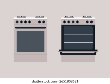 Uma tela apresenta dois fornos de cozinha, um fechado e um aberto, destacando seus designs exclusivos e capacidades funcionais, perfeitos para empreendimentos culinários modernos