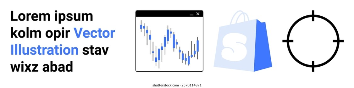 Display of a financial chart, a shopping bag logo, and a target symbol. Ideal for ecommerce, business growth, market analysis, goal setting, and digital marketing. Landing page