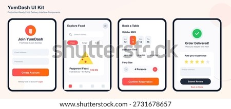 Display of a food delivery user interface kit featuring options for account setup, menu exploration, table reservation, and order delivery feedback. Modern design elements are included.