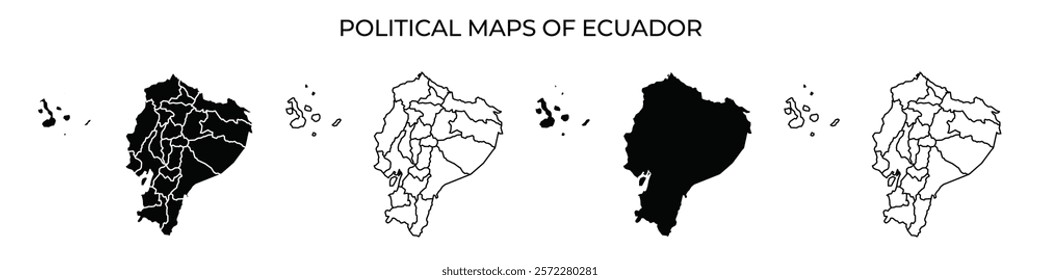 Display of four distinct political maps representing Ecuador. Each map demonstrates varying levels of detail and color, highlighting the geographical divisions and regions effectively.