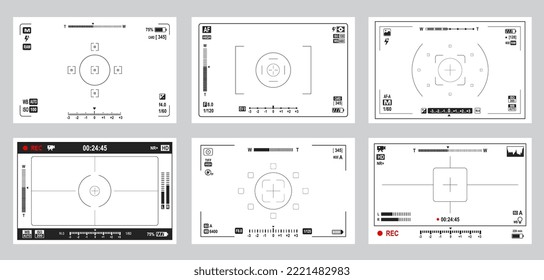 Display frame of video and photo camera. Viewfinder screen. Camcorder, photo camera viewfinder overlay vector display, videography device interface record, zoom, focus and aperture, volume indicators