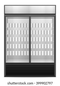 Display fridge with drink cans on a white background.