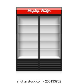 Display fridge with two glass sliding doors. Realistic vector Illustration.
