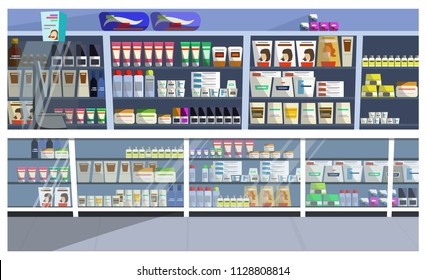 Display With Hair Products Vector Illustration. Aisle, Store, Shelf, Shampoo. Retail Concept. Can Be Used For Topics Like Pharmacy, Supermarket, Beauty Care