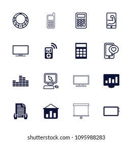 Display icon. collection of 16 display filled and outline icons such as calculator, mp3 player, graph on board, phone with heart. editable display icons for web and mobile.