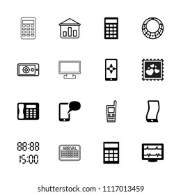 Display icon. collection of 16 display filled and outline icons such as calculator, heartbeat, message on phone, graph on board. editable display icons for web and mobile.