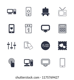 Display icon. collection of 16 display filled and outline icons such as board, heart mobile, photo with heart, touchscreen, pc. editable display icons for web and mobile.