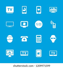 Display icon. collection of 16 display filled icons such as tv, heart mobile, medical phone, muscular arm  on phone, calculator. editable display icons for web and mobile.