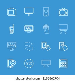 Display icon. collection of 16 display outline icons such as board, calculator, phone with heart, tv, touchscreen, old phone. editable display icons for web and mobile.
