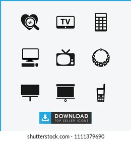 Display icon. collection of 9 display filled icons such as tv, board, old phone, heartbeat search, necklace. editable display icons for web and mobile.