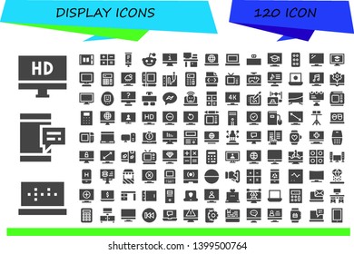 display icon set. 120 filled display icons.  Simple modern icons about  - Hd, Laptop, Mobile, Tablet, Calculator, Roll up, Reddit, Monitor, Desk, Television, Computer, Tv, Graphic tablet