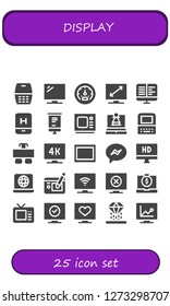  display icon set. 25 filled display icons. Simple modern icons about  - Cellphone, Television, Tachometer, Ebooks, Mobile, Roll up, Old tv, Laptop, Old computer, Desk, Screen