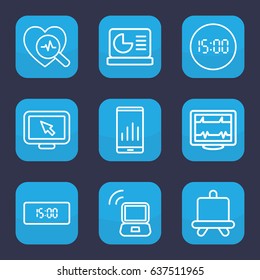 Display icon. set of 9 outline display icons such as board, heartbeat, heartbeat search, laptop signal