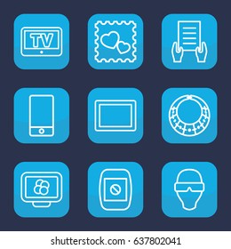 Display icon. set of 9 outline display icons such as tv, holding document, photo with heart, phone, tablet, necklace