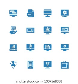 display icon set. Collection of 16 filled display icons included Television, Ebook, Hologram, Computer, Screen, Laptop, Microwave, Rgb
