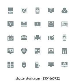 display icon set. Collection of 25 filled display icons included Computer, Smartwatch, Calculation, Calculator, Laptop, Css, Rgb, Phone, Graphic tablet, Desk, Television, Microwave
