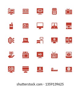 display icon set. Collection of 25 filled display icons included Laptop, Meter, Screen, Computer, Tv, Television, Graphic tablet, Ebook, Desk, Smartwatch, Cellphone, Calculator