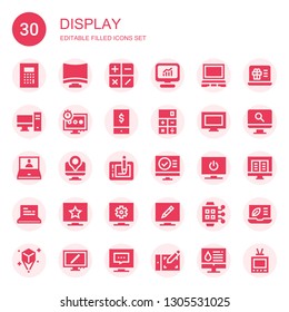 display icon set. Collection of 30 filled display icons included Calculator, Television, Computer, Laptop, Phone, Tv, Graphic tablet, Smartwatch, Ebook, Hologram