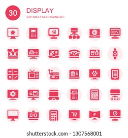 display icon set. Collection of 30 filled display icons included Computer, Calculator, Laptop, Phone, Television, Smartwatch, Ebook, Screen, Digital clock