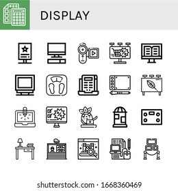 display icon set. Collection of Calculator, Stand, Computer, Video recorder, Billboard, Monitor, Bathroom scale, Laptop, Graphic tablet, Poster, Desk, Ebook, Exhibition icons