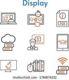 display icon set. included cloud library, professor, pdf, teacher, books, test, book, student, tablet, microscope icons. bicolor styles.