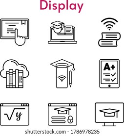 display icon set. included cloud, ereader, smartphone, maths, touchscreen, training, login icons. linear styles.