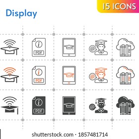 display icon set. included cloud, cap, pdf, student, student-tablet icons on white background. linear, bicolor, filled styles.