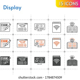 display icon set. included exam, audiobook, instructor, learning, login icons on white background. linear, bicolor, filled styles.