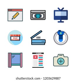 display icon set. vector set about vhs, stores, virtual reality and television icons set.