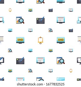 display icons pattern seamless. Included editable flat Graphic tablet, Easel, Aspect Ratio, Web analytics, 4K Streaming, layout, Board stand icons. display icons for web and mobile.
