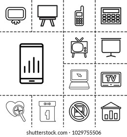 Display icons. set of 13 editable outline display icons such as no laptop, board, tv, graph on display, graph on board, calclator, phone, washing machine on sale, laptop