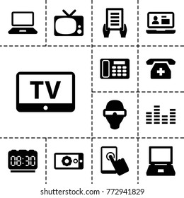 Display icons. set of 13 editable filled display icons such as tv, holding document, laptop, man in smart glasses, touchscreen, medical phone, desk phone, equalizer