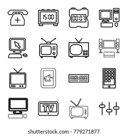 Display icons. set of 16 editable outline display icons such as tv, pointer on display, tv, equalizer, medical phone, calendar on phone, pc, digital clock, poker on phone