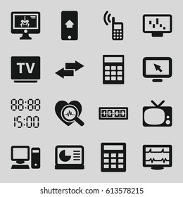 Display icons set. set of 16 display filled icons such as heartbeat, TV, heartbeat search, pc, digital time, digital clock, arrow