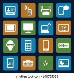 Display icons set. set of 16 display filled icons such as laptop, tablet, heartbeat, board, calculator, phone, tv, message on phone, digital clock, man in smart glasses