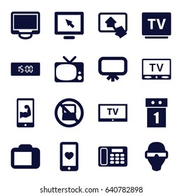 Display icons set. set of 16 display filled icons such as no laptop, board, heart mobile, tv, desk phone, home on tablet, muscular arm  on phone, digital clock
