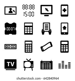 Display icons set. set of 16 display filled icons such as arrival table, holding document, tv, calculator, equalizer, digital time, clock, wavy phone
