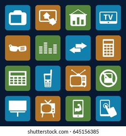 Display icons set. set of 16 display filled icons such as no laptop, tv, board, tv, old phone, calculator, equalizer, camera display, home on tablet, muscular arm  on phone