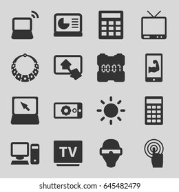 Display icons set. set of 16 display filled icons such as tv, touchscreen, laptop, calculator, contrast, pc, home on tablet, digital clock, necklace