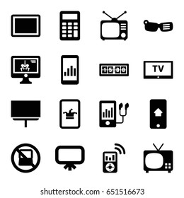 Display icons set. set of 16 display filled icons such as no laptop, board, poker on phone, tv, tablet, mp3 player, calculator, tv, digital clock