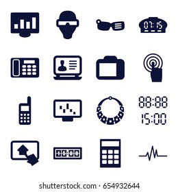 Display icons set. set of 16 display filled icons such as laptop, touchscreen, heartbeat, desk phone, phone, home on tablet, digital time, digital clock, necklace