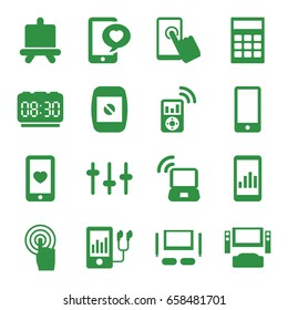 Display icons set. set of 16 display filled icons such as board, heart mobile, phone with heart, equalizer, touchscreen, mp3 player, phone, tv set, laptop signal