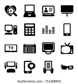 Display icons set. set of 16 display filled icons such as arrival table, laptop, holding document, board, phone with heart, display, heartbeat search, phone, equalizer, pc, tv