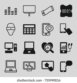 Display icons set. set of 16 display filled and outline icons such as mp3 player, heartbeat search, pc, equalizer, home on tablet, message on phone, digital clock, calclator