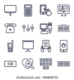 display icons set. Set of 16 display outline icons such as holding document, board, equalizer, old phone, medical phone, heartbeat search, calculator, pc