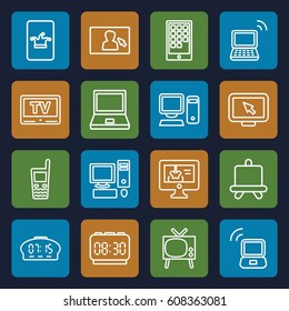 Display icons set. set of 16 display outline icons such as board, Poker on phone, old phone, laptop, TV, pc, calendar on phone, laptop signal